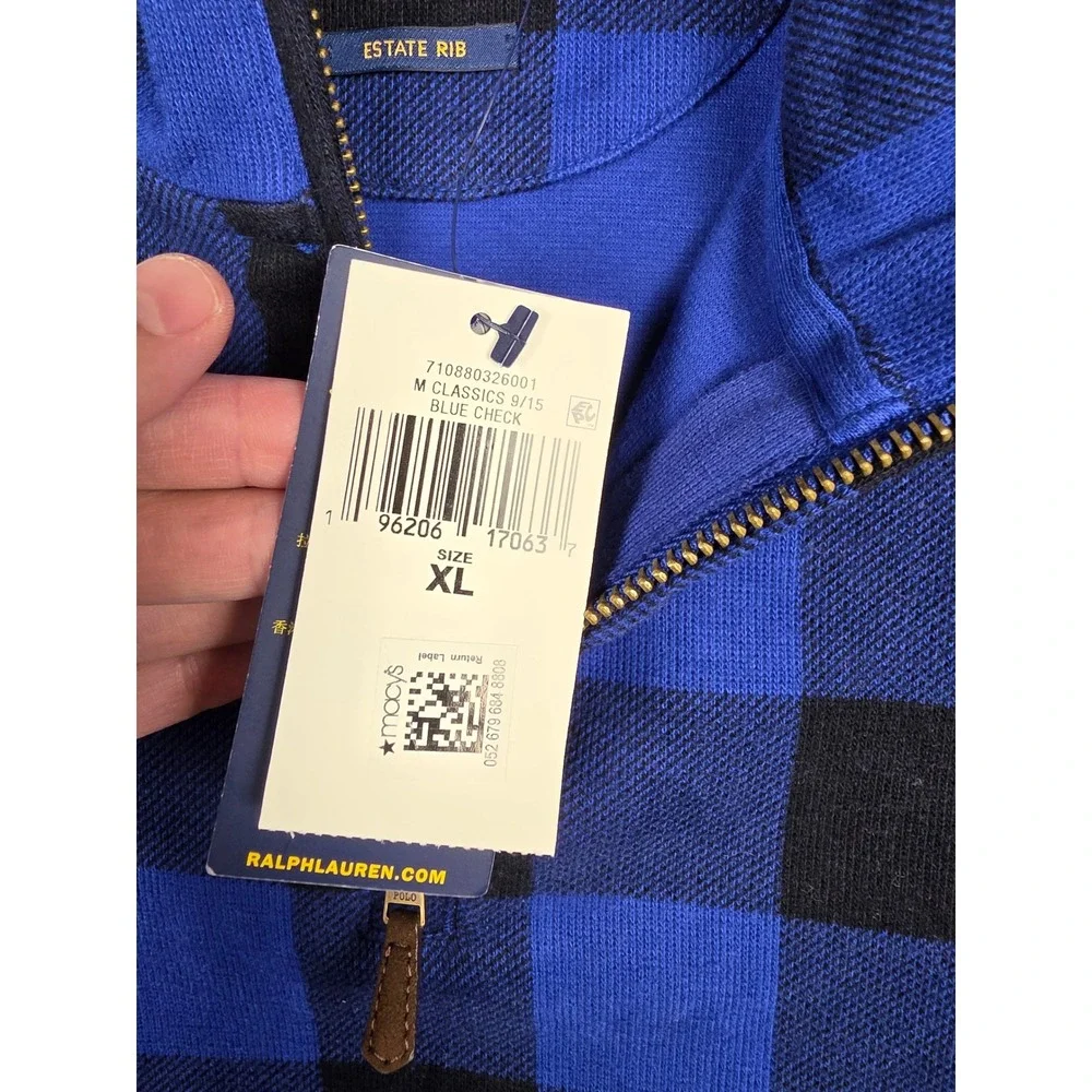 Polo Ralph Lauren Quarter Zip Sweater Men XL Blue Check Estate Rib Buffalo Plaid